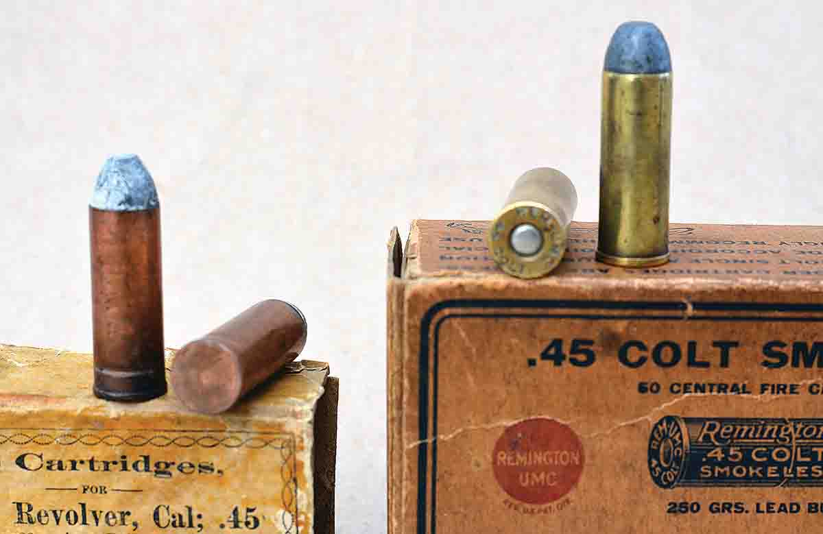 Early 1874 Frankford Arsenal cartridges featured centerfire internal priming, but that was soon changed to outside priming.